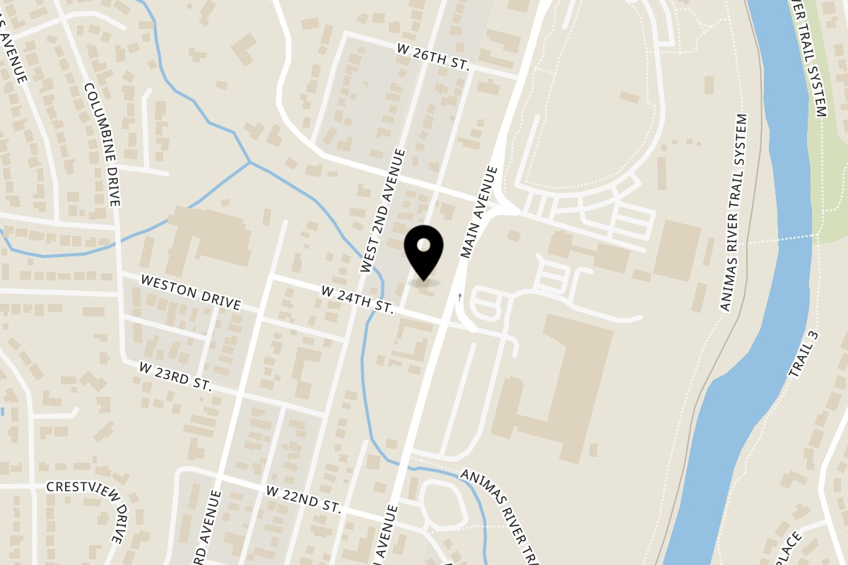 Map showing the location of Durango Pizza on 2411 Main Ave in Durango